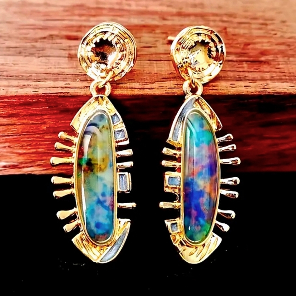 18K GP South American Deco Drop Earrings